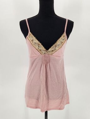 Vintage Y2K Abercrombie & Fitch Pink Stripe Lace Trim Babydoll Cami Tank Top L